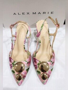 New! Alex Marie Pink Floral Pointed Slingback Heels with Gold Accents